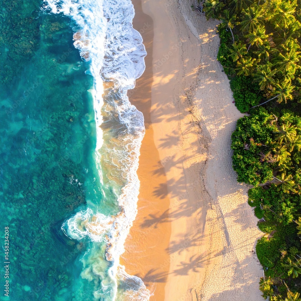 Stunning Aerial View of Turquoise Ocean Waves Crashing on a Tropical Sandy Beach with Palm Tree Shadows Stunning Aerial View of Turquoise Ocean Waves Crashing on a Tropical Sandy Beach with Palm Tree Shadows