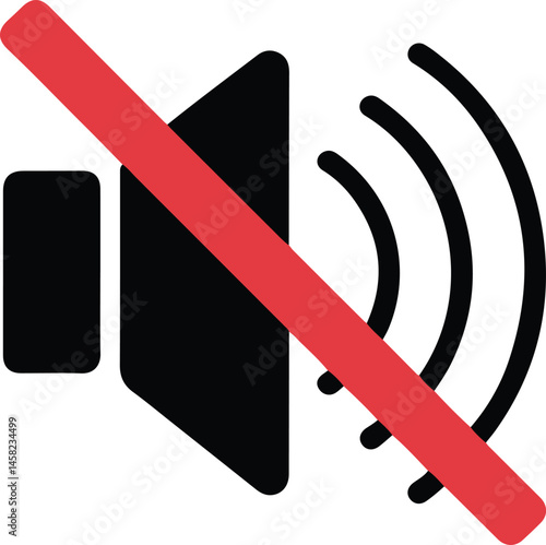 Mute Speaker Icon Silhouette Vector with Red Cross Line for Sound Off, Silent Mode, or No Audio Signal in Communication or Media Design