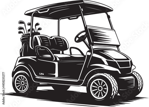 Golf Cart Silhouette Vector Illustration Featuring Club Bag and Detailed Wheels for Sports Equipment, Resort Transport, and Vehicle Design