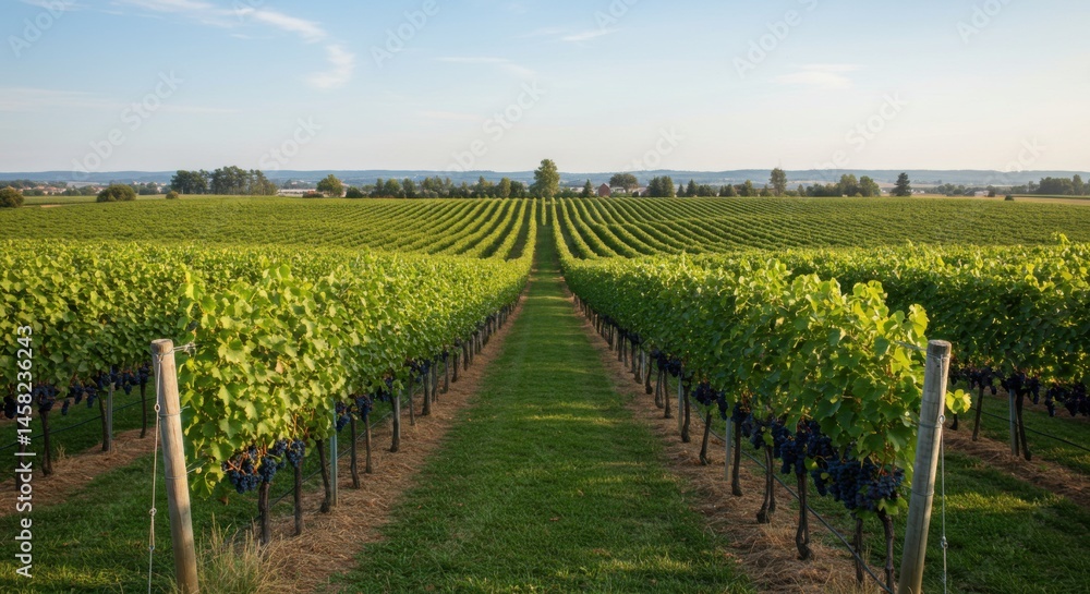 Obraz premium Symmetrical vineyard rows stretching into the distance under a clear blue sky with ripening grapes