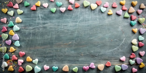Whimsical candy conversation hearts scattered on a rustic chalkboard with pastel colors and hand-drawn illustrations, sweet