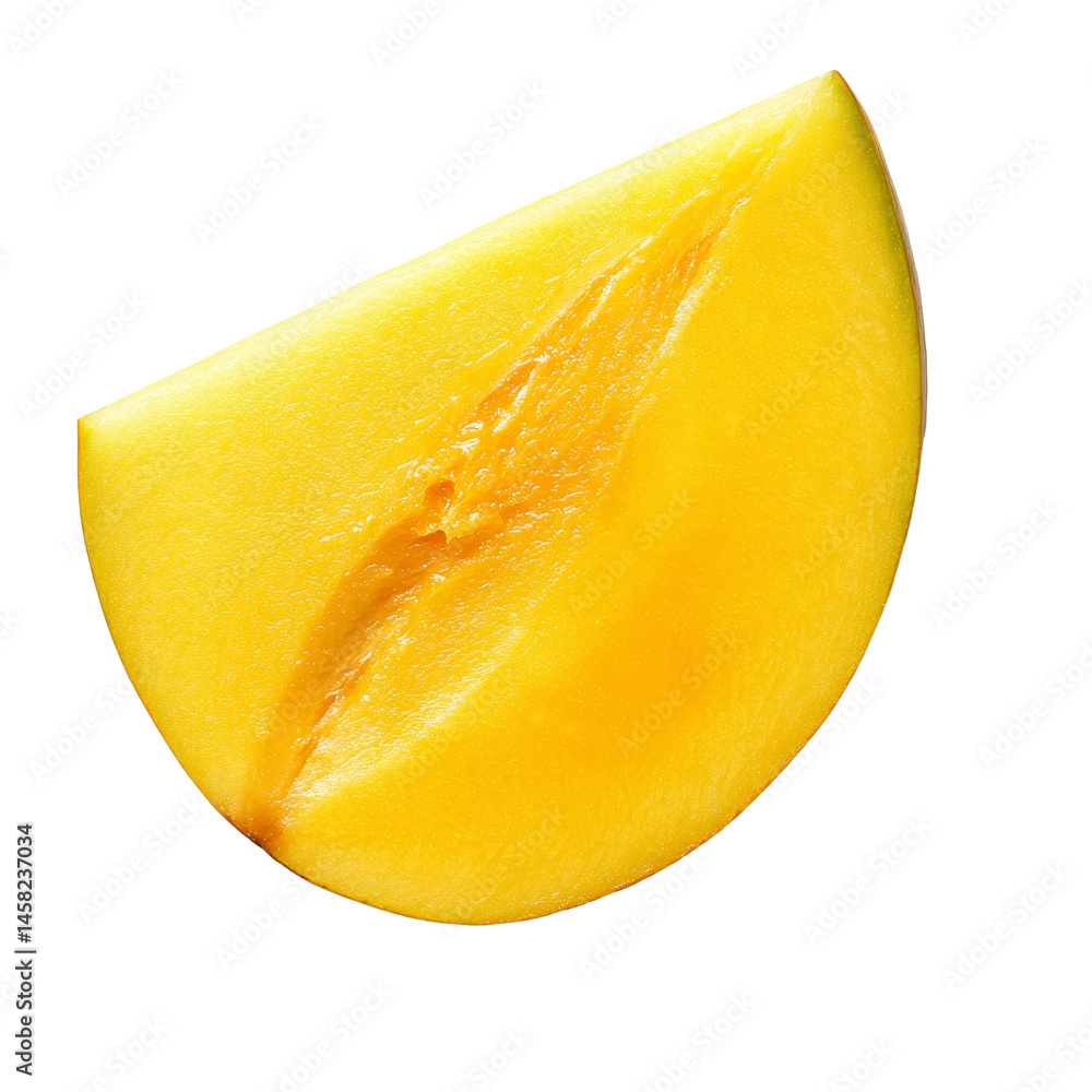 Fresh slice of ripe mango on a clean transparent background showcasing rich texture and appealing color, slice of fresh mango isolated on transparent background Fresh slice of ripe mango on a clean transparent background showcasing rich texture and appealing color, slice of fresh mango isolated on transparent background