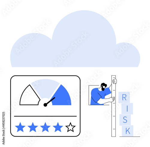 Gauge meter with pointer, rating stars, clouds, person measuring risk blocks. Ideal for risk management, performance analysis, strategy planning, cloud solutions, monitoring decision-making simple
