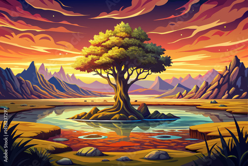 landscape featuring a lone tree in the center of a tranquil lake during sunset with vibrant colors reflecting on the calm water surface. Ideal for nature backgrounds, serenity, peaceful moments vector