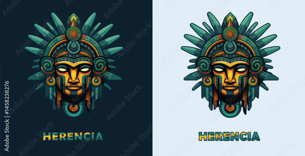 Fototapeta premium Maya traditional mask vector logo. Aztec culture face illustration design isolated on background, symbol of mexican ancient religion icon art