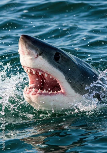 Great white shark surfacing above water with open mouth