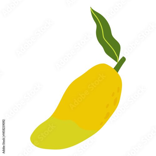 Mango fruit with a green leaf on a white background highlighting its vibrant yellow color and smooth texture