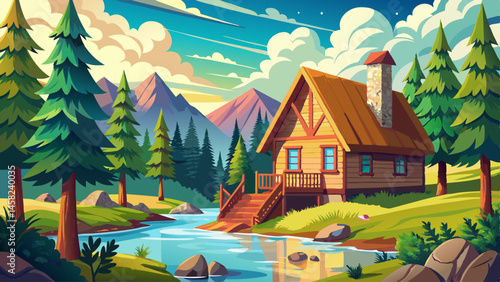 A rustic wooden cabin sits peacefully beside a gentle river, shaded by tall pines