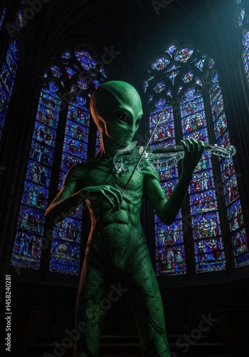 Green alien figure playing transparent violin with stained glass background