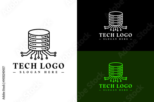 vector illustration of server stack connected with circuit web, logo for data science, database, data center, data transfer, fast data, artificial intelligence, internet of things, and more