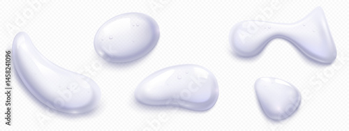 Clear gel drops set - translucent liquid blobs and shiny water droplets. Transparent serum essence, silicone moisturizer or cosmetic product design element. Realistic 3d vector illustration.
