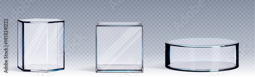 Glass museum display cases - transparent exhibition cubes and cylinders. 3d empty glass boxes with minimalistic design showcase products or artifacts in galleries, showrooms and retail stores.