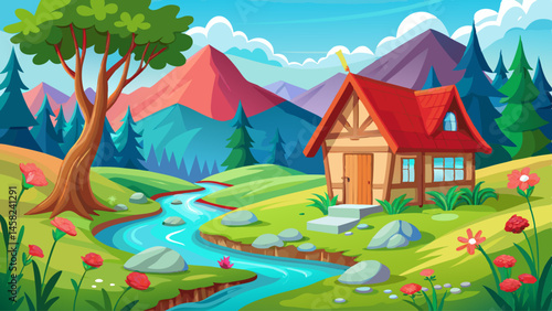 A small cabin with a red roof stands beside a flowing stream, wildflowers blooming along the bank
