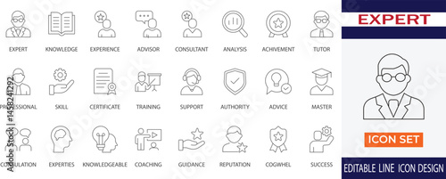 This expert icon set represents key elements of professional knowledge and consulting. It includes symbols for skills, advisor, certificate, consultation, experience, achievement, support, and success