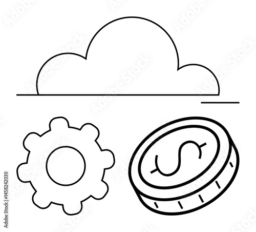 Cloud above a gear and coin with a dollar sign, symbolizing technology, innovation, economy, strategy, finance, digital transformation. Ideal for IT solutions, fintech cloud storage simple landing