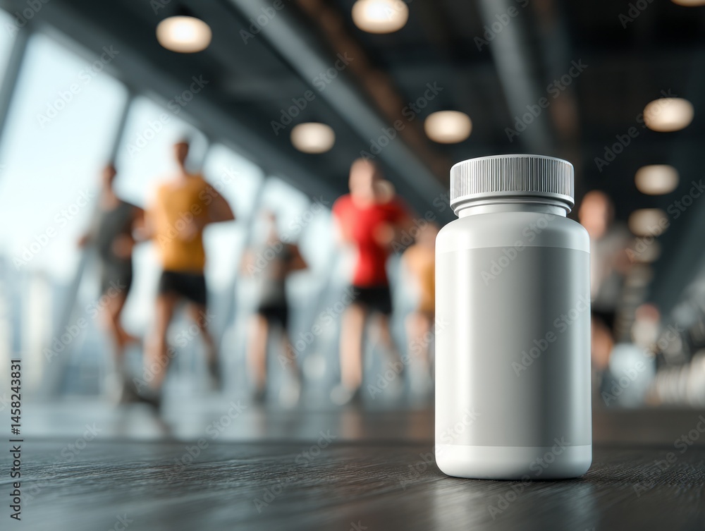 Protein supplement bottle on table with blurred gym background image Protein supplement bottle on table with blurred gym background image