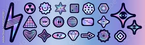 Y2k holographic sticker pack - retro aesthetic pink and purple with black details decals. 90s cyber style graphic elements of smiling face and star, heart and globe, stop sign and gear shapes.