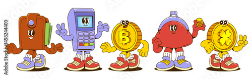 Retro cartoon money characters - wallet with banknote and payment terminal, bitcoin and golden coin with clover sign, vintage purse with legs, hands and funny face emotions. Cute finance mascots.