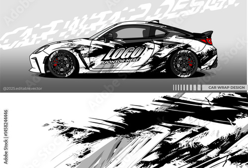 Car wrap design vector with black white colour. Abstract decal livery. Sticker vinyl body car. Suitable for racing, drift, rally or daily use	