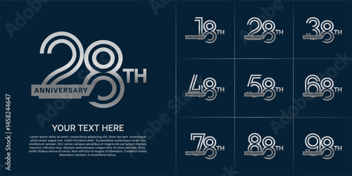 Anniversary logo type set with double line number. silver color with ribbon for celebration event