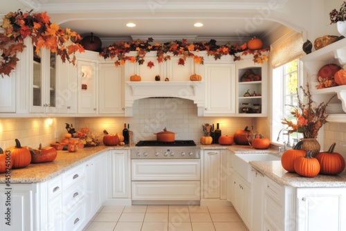 Fototapeta Naklejka Na Ścianę i Meble -  cozy white kitchen decorated with pumpkins and autumn leaves for fall season