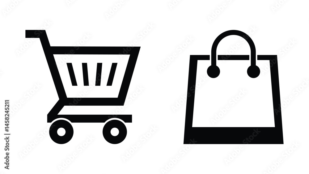 Shopping cart and bag icon set vector on white background Shopping cart and bag icon set vector on white background