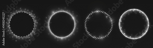 Collection of luminous white halftone circles with sparkling light effects on dark transparent background. Realistic vector for futuristic designs, sci-fi interfaces, HUD elements or tech visuals.