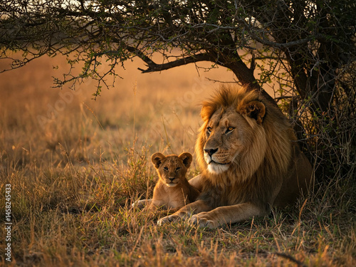 Lion Father and Cub Resting Under an Acacia Tree in Golden Savannah