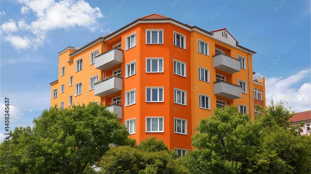 Fototapeta premium Bright orange apartment building with multiple balconies and windows stands tall against a clear blue sky, showcasing modern urban living. 