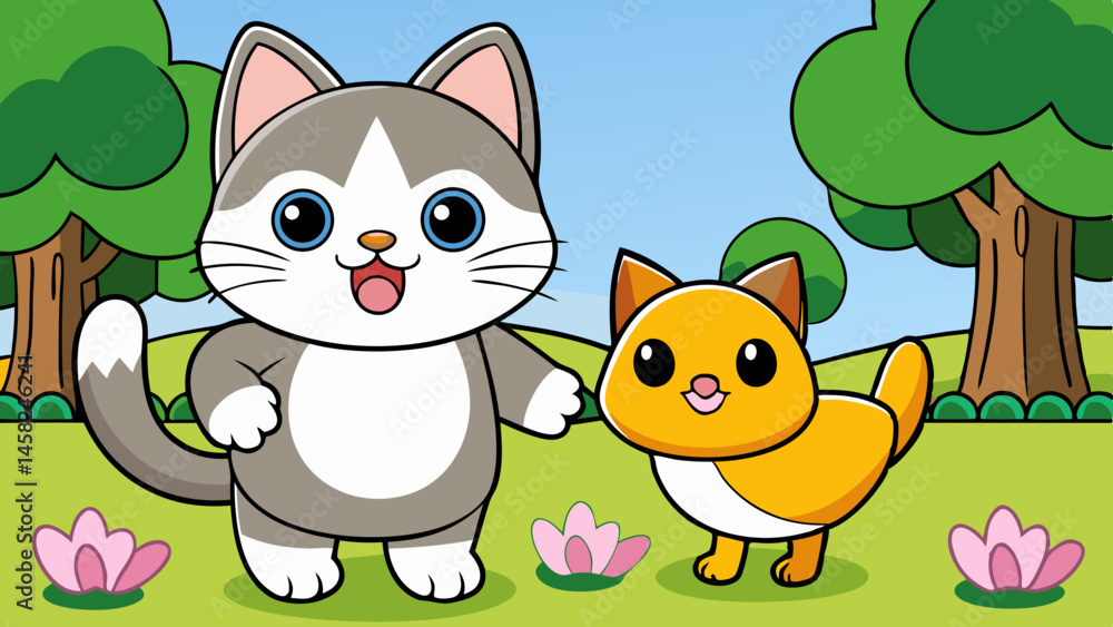 Gato Brincando com Patinho no Parque