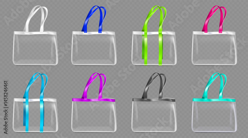 Transparent tote bags set with handles in various colors - white shopping pouch mockups with vivid bright straps. Clear plastic handbags with colorful hooks options for branding, packaging design.