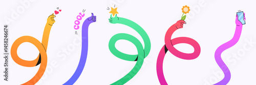 Colorful twisting gesture shapes - flexible human waving hands reach upwards. Vivid bendable arm icons showing thumbs up and heart sign, holding star, flower and smartphone. Gradient rubber body part.