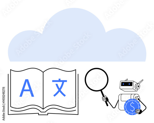 Open book with multilingual symbols, robot holding magnifying glass and currency coin, cloudy background. Ideal for translation, artificial intelligence, cloud services, research, technology
