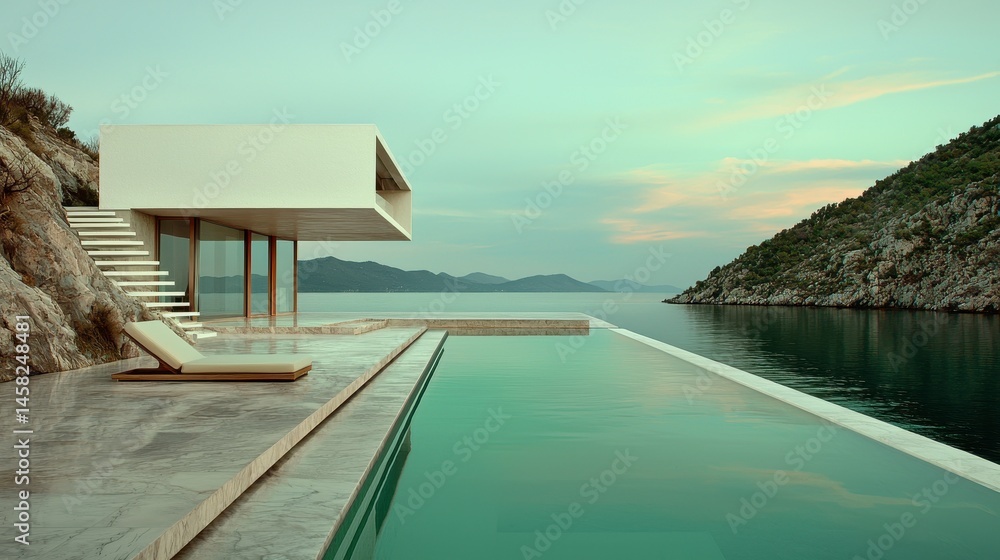 Fototapeta premium Modern Minimalist House with Infinity Pool Overlooking Calm Sea