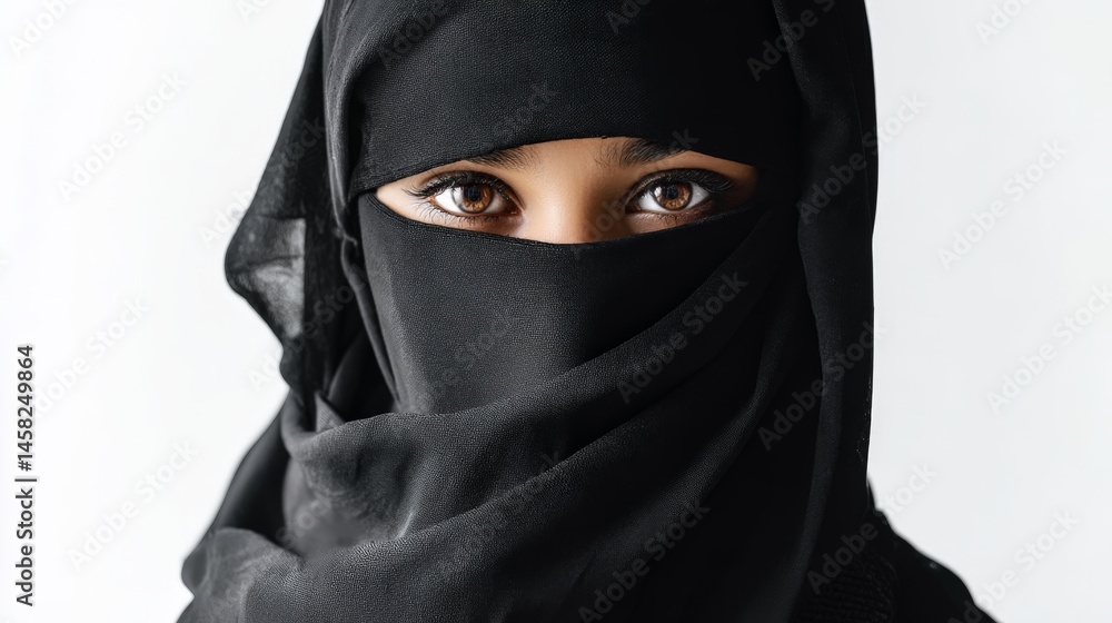 Naklejka premium a woman in a black hijab with only her eyes visible