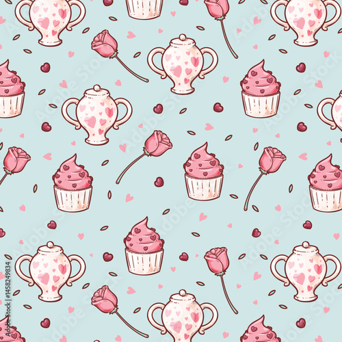 cute tea set with strawberry cake hand drawn seamless pattern vector illustration for invitation greeting birthday party celebration wedding card poster banner textile wallpaper paper wrap background