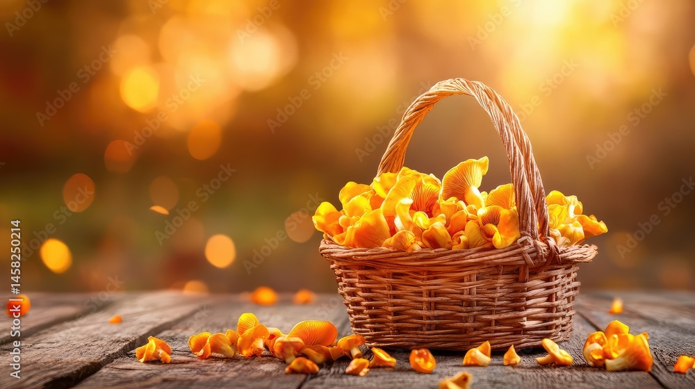 Naklejka premium Rustic basket filled with fresh golden chanterelle mushrooms on dark wood table, moody light