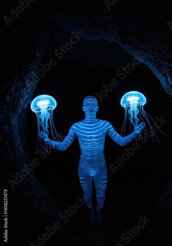 Person illuminated by glowing blue light holding jellyfish in dark scene