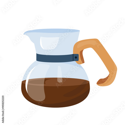 Vector illustration of glass coffee server with wooden handle, filled with freshly brewed coffee. Flat style kitchenware icon, perfect for cafe menu design, food packaging or brewing tutorials.