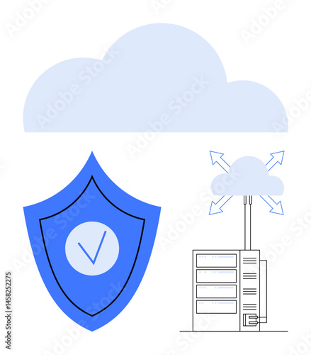 Shield with verification checkmark, data servers connected to cloud computing network and arrows. Ideal for cybersecurity, cloud solutions, data safety, technology, IT security, network reliability