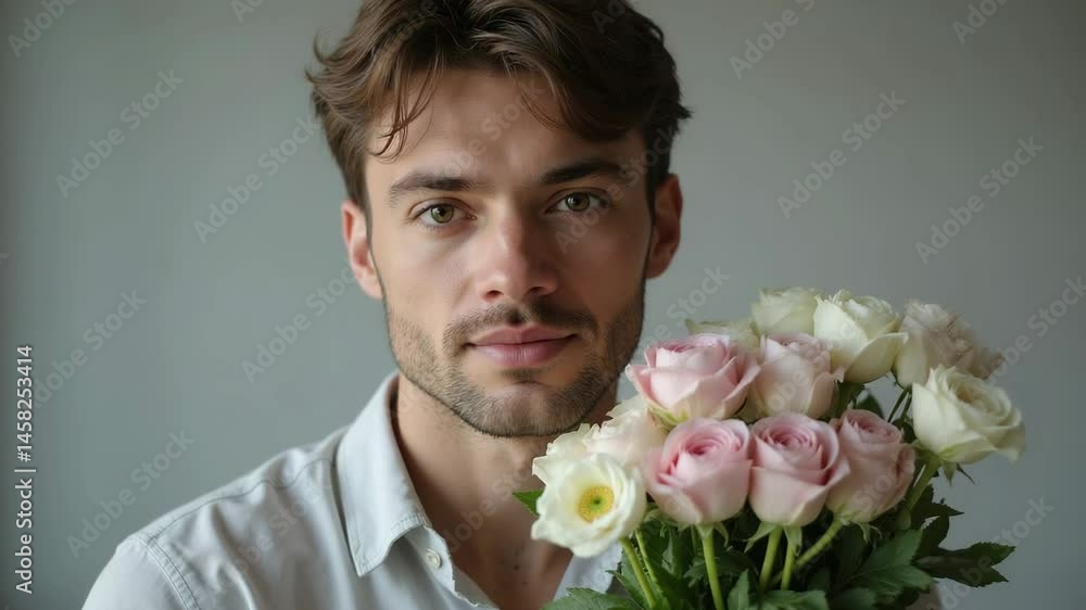 Young man holding bouquet of pink roses with soft background Young man holding bouquet of pink roses with soft background
