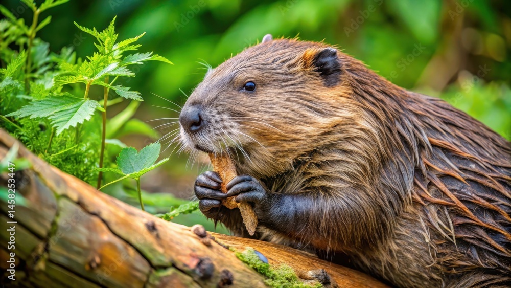Beaver gnawing on a tree trunk with visible tooth marks and rough bark, surrounded by lush greenery , tree damage, wildlife photography Beaver gnawing on a tree trunk with visible tooth marks and rough bark, surrounded by lush greenery , tree damage, wildlife photography