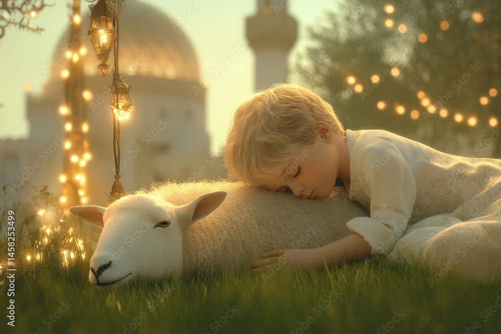 Eid Ul Adha Celebration with 3D Illustration of muslim boy is lying in the grass with his head resting on a sheep in front of mosque.