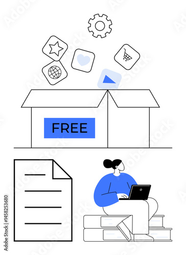 Open box labeled FREE releasing digital icons, woman sitting on books with laptop, document. Ideal for e-learning, creativity, free resources, innovation, knowledge sharing, online access flat