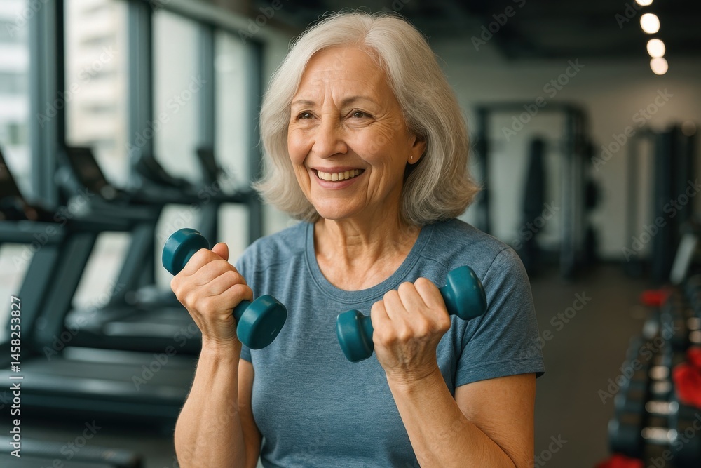 Fototapeta premium Senior woman smiling while exercising with dumbbells in a fitness center, promoting health and wellness in older adults