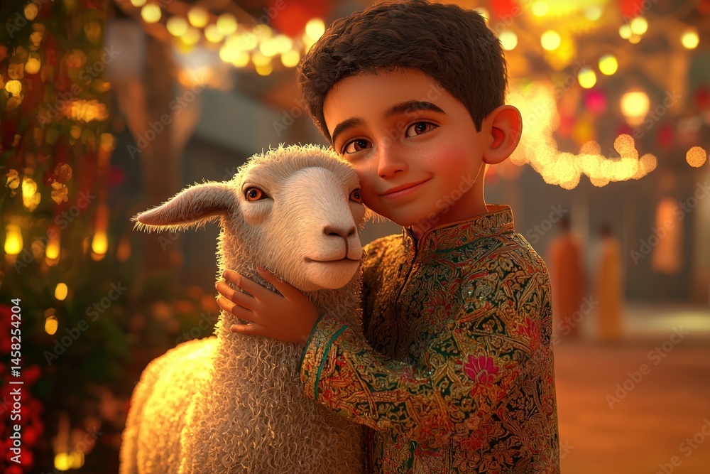 Eid Ul Adha Celebration with 3d illustration of muslim boy is hugging a sheep at night celebration festival of sacrifice.