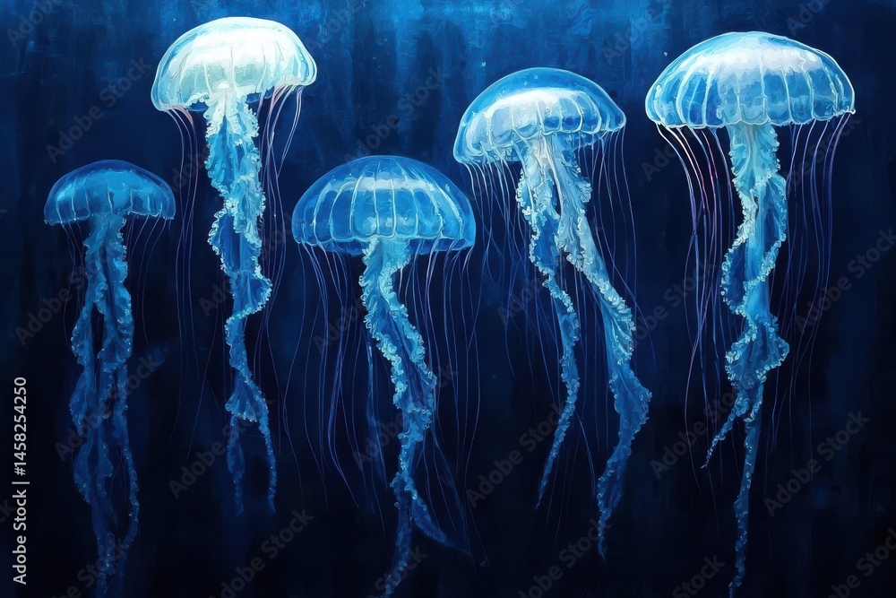 Ethereal Jellyfish Swarm in Deep Blue Ocean Waters Glowing Light Ethereal Jellyfish Swarm in Deep Blue Ocean Waters Glowing Light