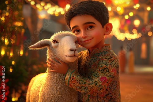 Obraz na płótnie Eid Ul Adha Celebration with 3d illustration of muslim boy is hugging a sheep at night celebration festival of sacrifice. w salonie