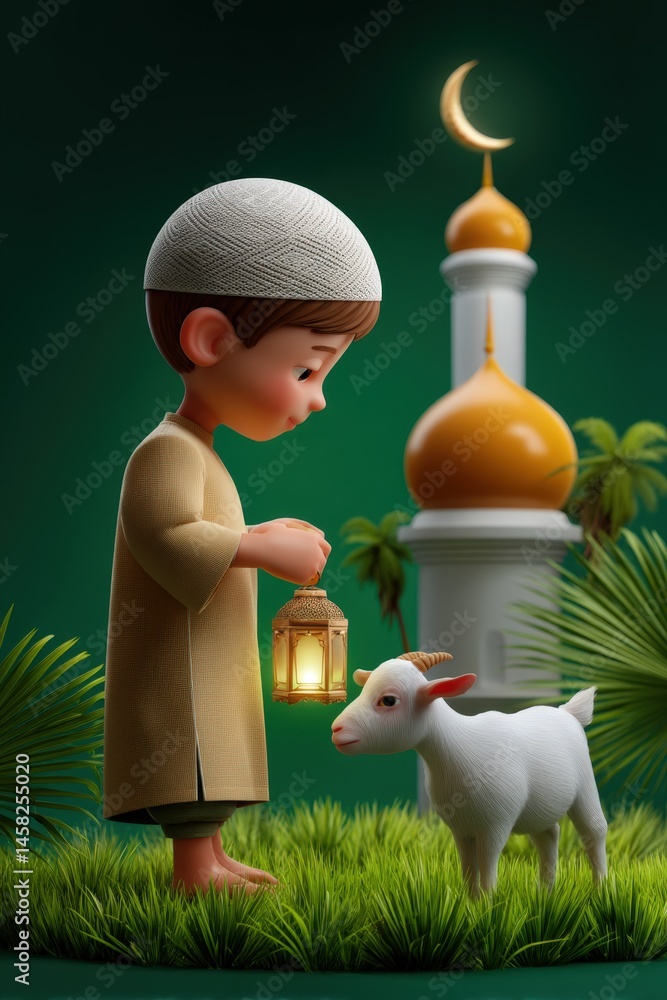 3D Cartoon Muslim Boy with Lantern and Goat in Front of Mosque for Eid Al Adha Celebration Festival of Sacrifice.