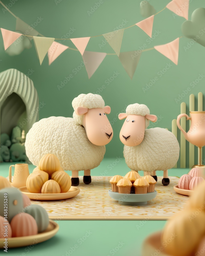 Eid al-Adha Mubarak with 3D Cartoon Sheep and Sweets for Islamic Feast of Festival Celebration.